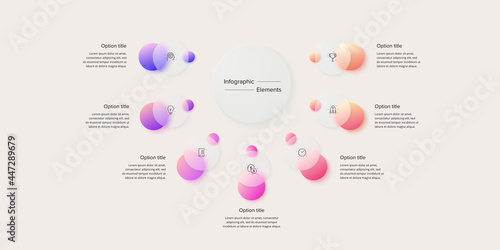 Business process chart infographics with 7 step circles. Circular corporate workflow graphic elements. Company flowchart presentation slide. Vector info graphic in glassmorphism design.