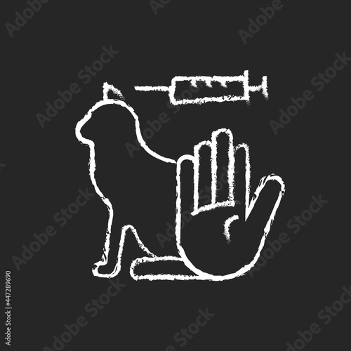 No cat testing chalk white icon on dark background. Stop experiments on animal. Avoid chemical research. Alternative to clinical trials. Isolated vector chalkboard illustration on black