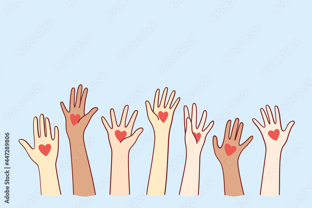 Love and international support concept. Human hands with red heart shape on palms raising up celebrating event mixed race group vector illustration