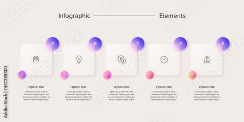 Business process chart infographics with 5 step squares. Rectangular corporate workflow graphic elements. Company flowchart presentation slide. Vector info graphic in glassmorphism design.