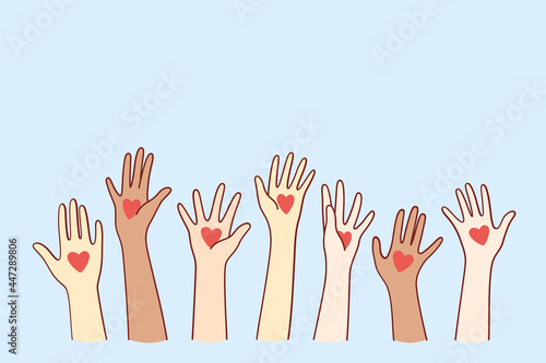Love and international support concept. Human hands with red heart shape on palms raising up celebrating event mixed race group vector illustration