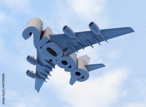 Foto 3D illustration of 2099 text with plane wings