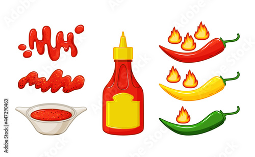 Chili sauce set on a white background. A bottle, a sauce stain and gravy boat in cartoon style. Hot red pepper strength scale indicator with mild, medium, hot positions. Vector stock illustration