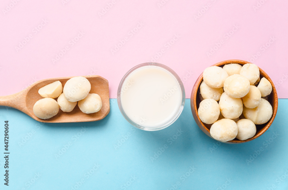 Macadamia milk in a glass and a bowl of macadamia nuts. Macadamia milk in a glass and a bowl of macadamia nuts.
