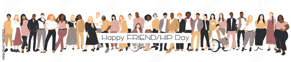 Happy Friendship Day card. People of different ethnicities stand side by side together. Flat vector illustration.