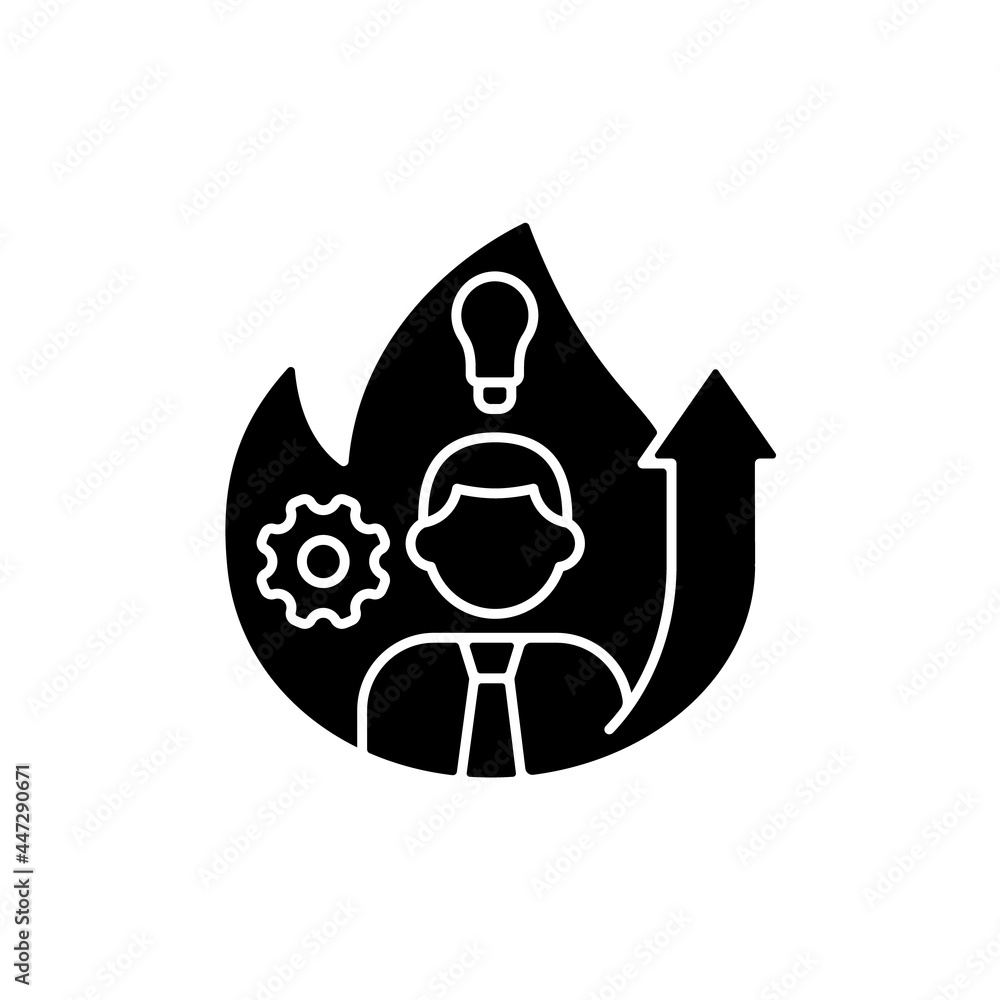 Increased motivation black glyph icon. Willingness for career raise. Career success. Willpower behavior. Bulb, gear and man. Silhouette symbol on white space. Vector isolated illustration Increased motivation black glyph icon. Willingness for career raise. Career success. Willpower behavior. Bulb, gear and man. Silhouette symbol on white space. Vector isolated illustration