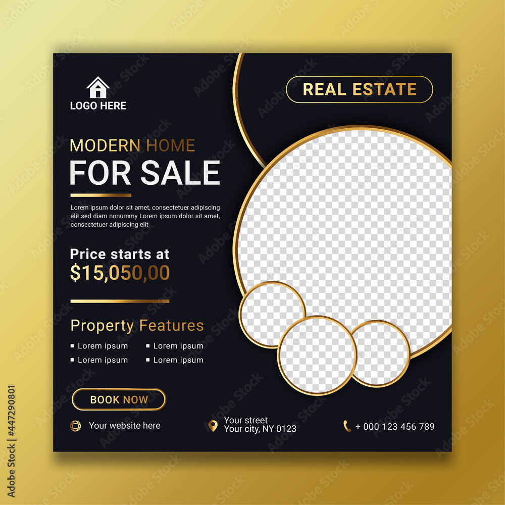Real estate house sale banner template for social media post, black and