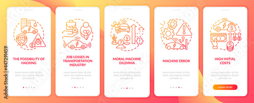 Driverless cons onboarding mobile app page screen. Autopilot disadvantages walkthrough 5 steps graphic instructions with concepts. UI, UX, GUI vector template with linear color illustrations
