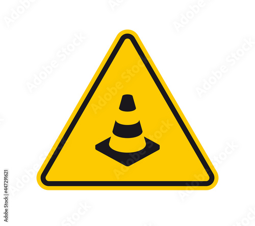 Vector yellow triangle sign - black silhouette traffic cone. Isolated on white background.
