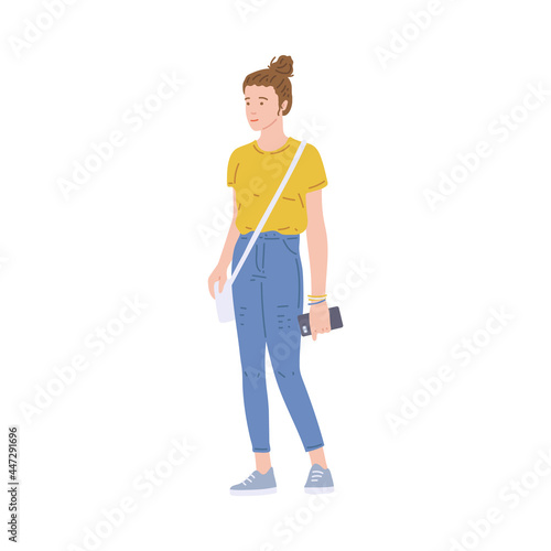 Young contemporary woman in casual clothes, flat vector illustration isolated. © sabelskaya