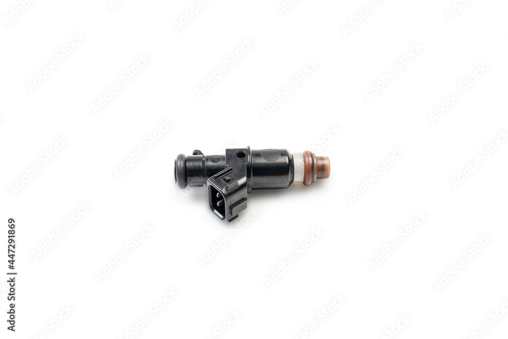Old Gasoline injector part for car in engine system in white background Old Gasoline injector part for car in engine system in white background