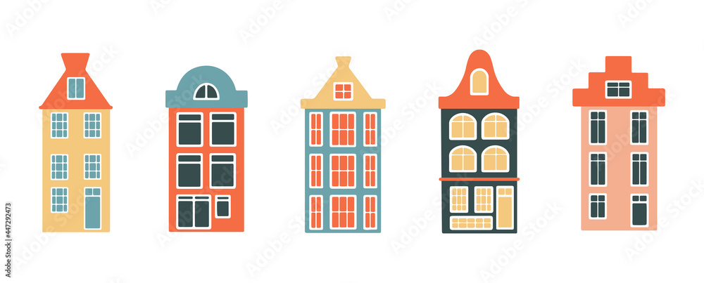 Set of narrow historic Dutch houses. Vector hand drawn color illustration. Isolated element on a white background