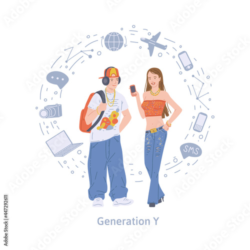Modern young girl and guy representatives generation y a vector illustration photo