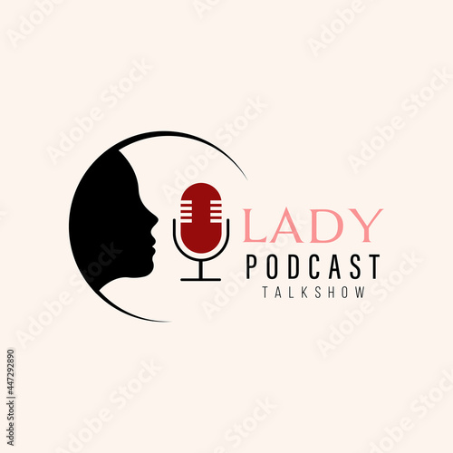 podcast or radio logo design with woman silhouette using microphone concept inspiration influencer studio or broadcast sign