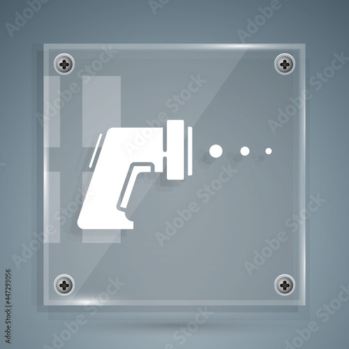 White Digital contactless thermometer with infrared light icon isolated on grey background. Square glass panels. Vector