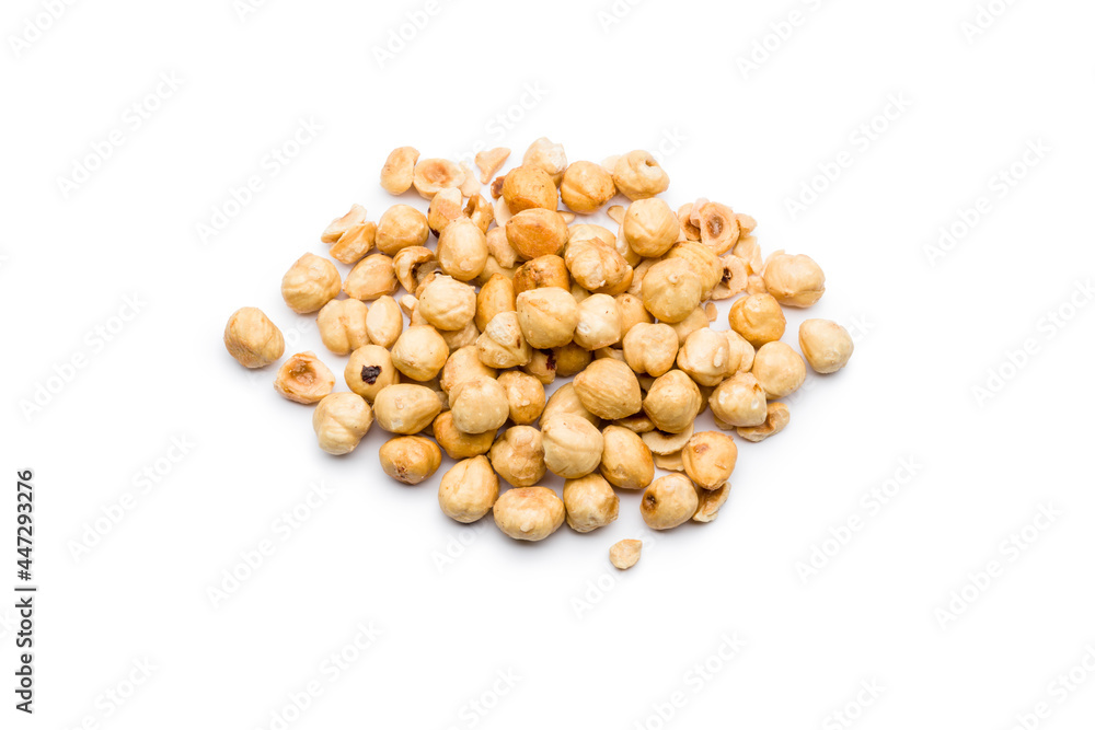 Peeled hazelnuts bunch on white background Peeled hazelnuts bunch on white background