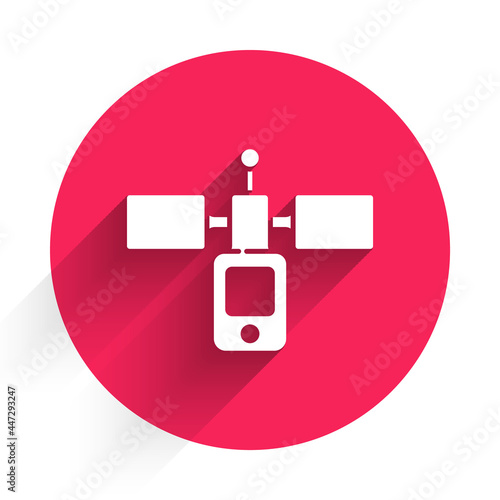 White Satellite icon isolated with long shadow. Red circle button. Vector