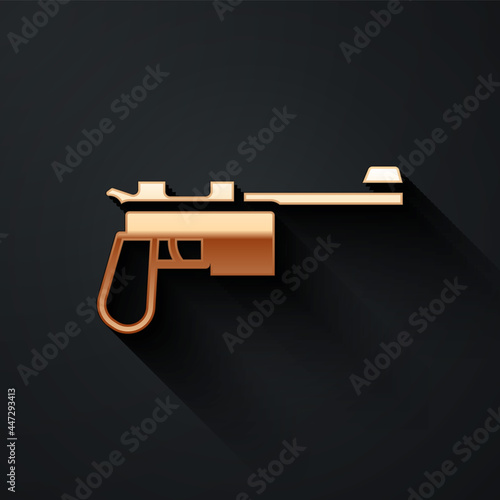 Gold Mauser gun icon isolated on black background. Mauser C96 is a semi-automatic pistol. Long shadow style. Vector