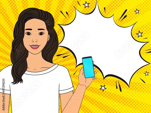 Pretty asian girl with a smartphone in her hand. Vector illustration in pop art style with place for text