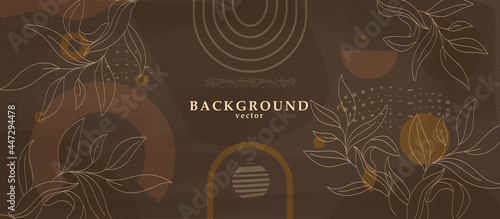 Abstract background art with botanical leaves on dark brown or chocolate background. Earthtone colors wall art decor. Boho style minimalistic background. Vector illustration.