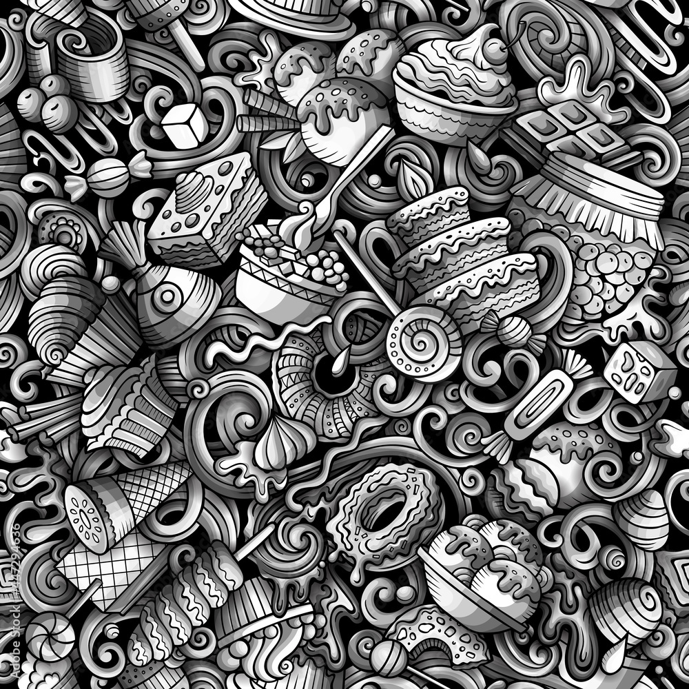 Cartoon doodles Desserts seamless pattern. Cartoon doodles Desserts seamless pattern.
