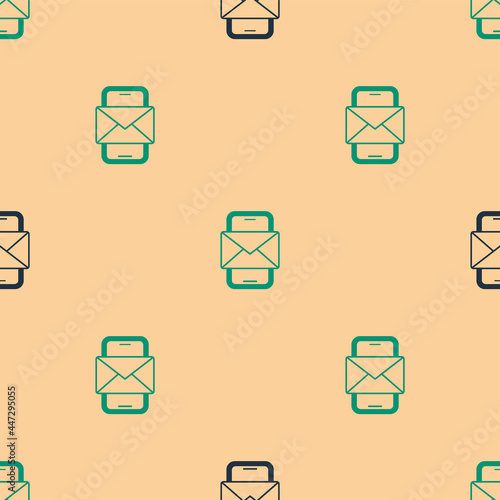Green and black Mobile and envelope, new message, mail icon isolated seamless pattern on beige background. Usage for e-mail newsletters, headers, blog posts. Vector