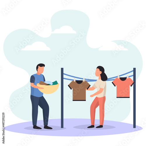 Husband Helping His Wife Hanging Clothes Concept, Couple Laundry or weekend wash Vector Color Icon Design, Weekly holidays Activity Symbol, Week Rest Days Sign, Lazy weekends people Stock illustration