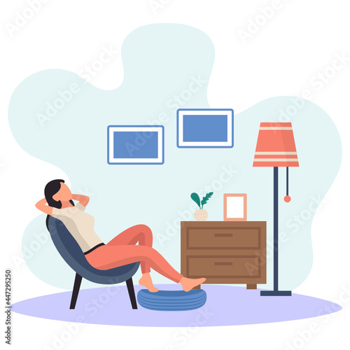 young woman leisurely sitting on the sofa Concept, woman at home sitting on modern chair Vector Icon Design, Weekly holidays Activity Symbol, Week Rest Days Sign, Lazy weekend people Stock illustratio photo