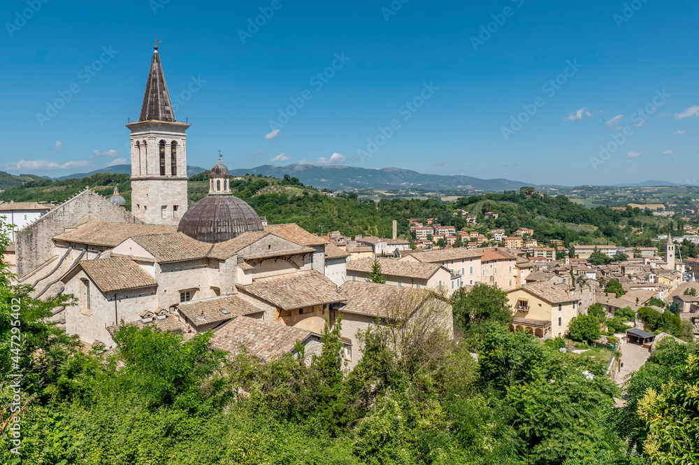 Panoramic aerial view of the historic center of Spoleto, Italy