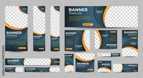 Dark Grey Banner templates set with standard size for web. Business banner with place for photos for Social Media, Cover ads banner, flyer, invitation card. Vector EPS 10
