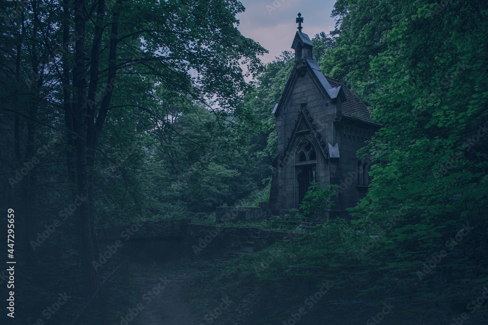 Obraz premium Scary old chapel at night, Hrensko