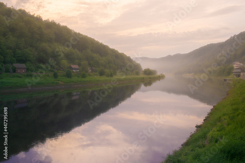 River Labe at Hrensko, morning fog above the water