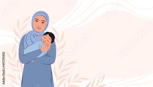 Banner about pregnancy and motherhood with place for text. Arabian woman is holding newborn baby. Muslim girl in traditional dress. Flat vector illustration.