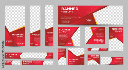 Gradient Red Banner templates set with standard size for web. Business banner with place for photos for Social Media, Cover ads banner, flyer, invitation card. Vector EPS 10 