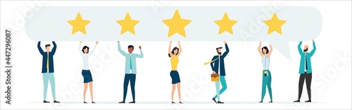 Customer feedback, testimonial, online survey concept. Group of people rating customer experience, writing review, leaving feedback. Client, user satisfaction. Isolated flat vector illustration
