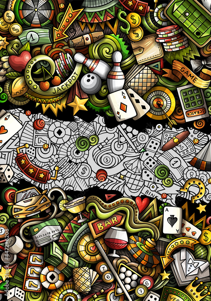 Obraz premium Casino hand drawn doodle banner. Cartoon vector detailed poster