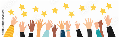 Customer feedback, testimonial, online survey concept. Group of people rating customer experience, writing review, leaving feedback. Group raised human arms and hands.vector illustration.