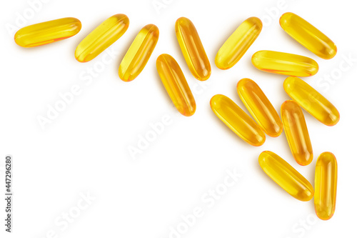 Fish oil capsules isolated on white background with clipping path and full depth of field. Top view with copy space for your text. Flat lay