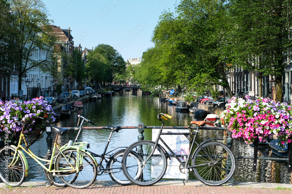 Traditional network of waterways and canals in the City of Amsterdam, Netherlands, Europe