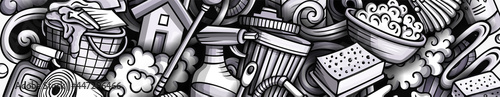 Cleaning hand drawn doodle banner. Cartoon vector detailed flyer.