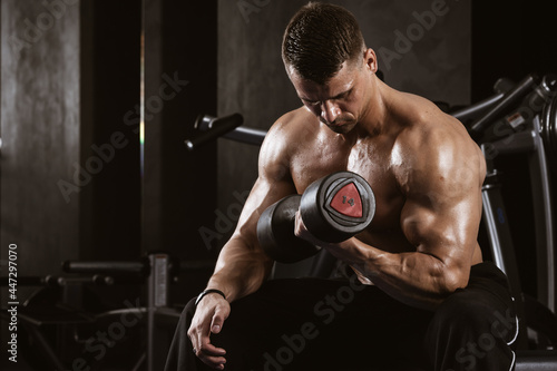 Fitness in gym, sport and healthy lifestyle concept. Handsome athletic man with naked torso making exercises. Bodybuilder male model training biceps muscles with dumbbell