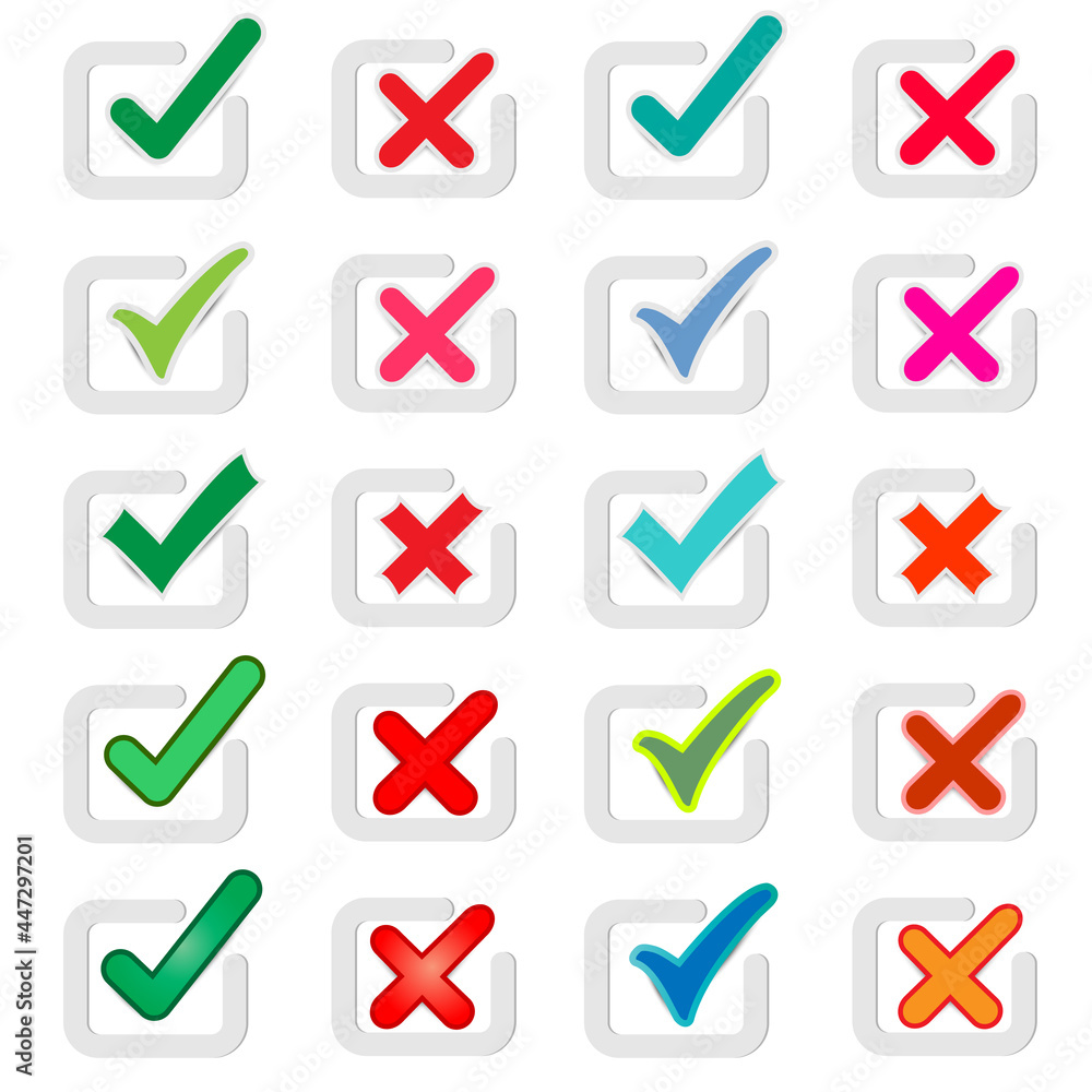 Brightly colored check right and wrong marks in white paper squares Brightly colored check right and wrong marks in white paper squares