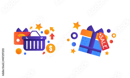 Set of Shopping Colorful Icons, E-commerce, Shopping, Shopping Basket and Gift Box Flat Vector Illustration