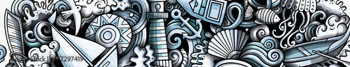 Marine hand drawn doodle banner. Cartoon vector detailed flyer.