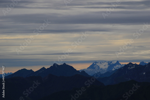 Grey clouds over Mount Titlis and other mountains of the Swiss Alps.