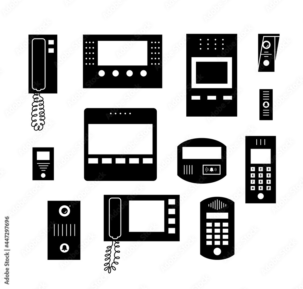 Black icons or symbols set of intercom devices, vector illustrations isolated. Black icons or symbols set of intercom devices, vector illustrations isolated.