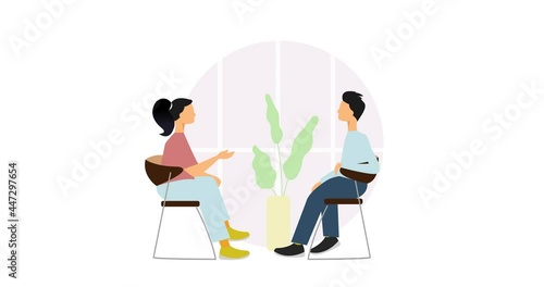 Business co working process animation. Two people make conversation and work together and. Open space office. negotiations animation. Man, girl, students, chair, cafe, food court. footage vector