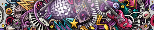 Disco Music hand drawn doodle banner. Cartoon vector detailed flyer. Illustration with musical objects and symbols. Colorful horizontal background