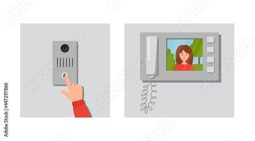Intercom key panel and camera display devices flat vector illustration isolated.