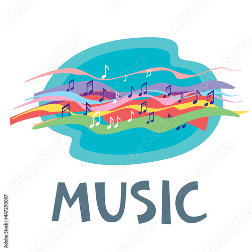 Music graphic icon. Colored ribbons and musical notes form flying sounds. Vector drawing